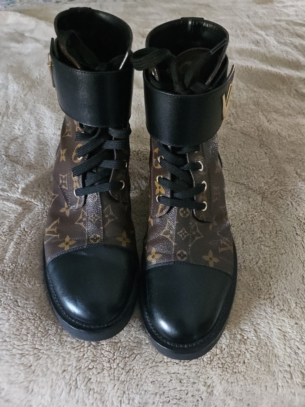 Louis Vuitton Brown Monogram & Black Leather Lace-Up Ankle Boots